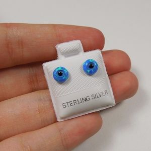 Blue Fire Opal Sterling Silver Evil Eye Stud